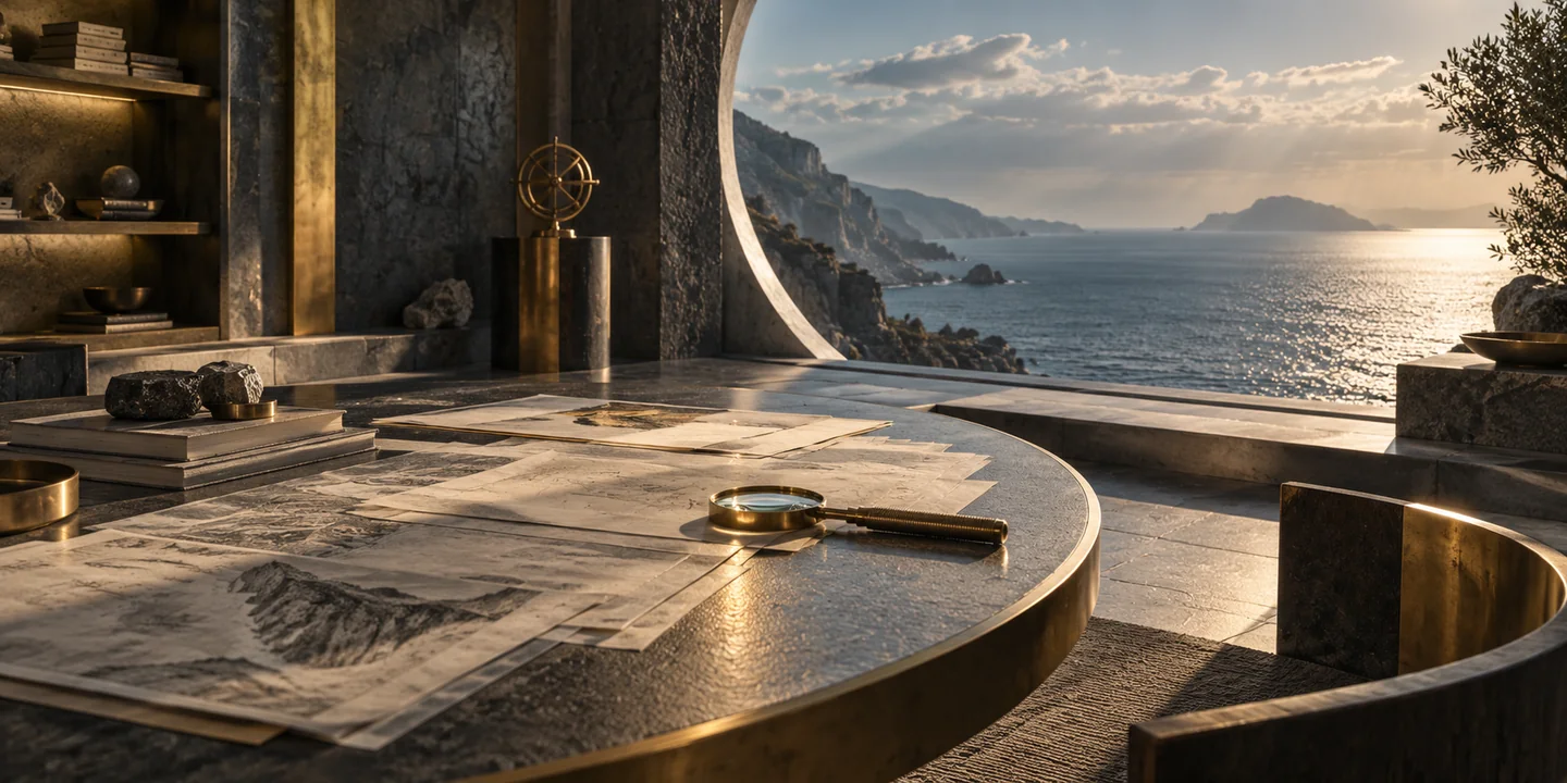 An illustrated coastal observatory with research folios on a circular table